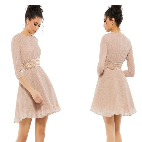 Mac Duggal Rose Gold shimmer Pleated‎ Mini dress with pockets size 8 NWT - Picture 1 of 14